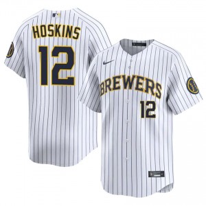White Rhys Hoskins #12 Brewers Baseball Embroidery Jersey | Officially Licensed Men Fit 96297272