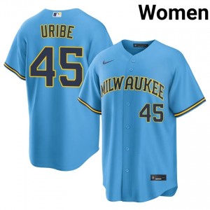 #45 Abner Uribe MLB Women Baseball Jersey | Brewers Light Blue Fan Gear 80298749