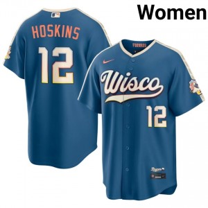 #12 Rhys Hoskins Exclusive Women City Connect Baseball Jersey | Milwaukee Brewers Blue Fan Gear 33961417