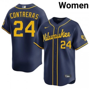 #24 William Contreras Officially Licensed Women Baseball Jersey | Milwaukee Brewers Navy Fan Gear 84370536