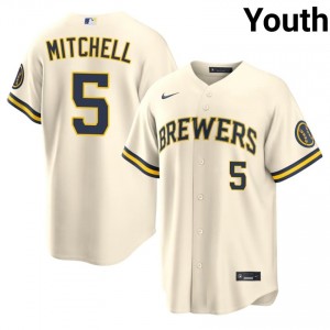Milwaukee Brewers Garrett Mitchell #5 Cream Youth Baseball Jersey | 2026 Season Iconic 91644535