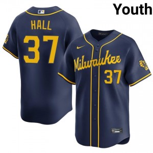 Navy DL Hall #37 Milwaukee Baseball Sewn Jersey | Gameday Youth Fit 46349904