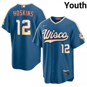 Rhys Hoskins #12 Brewers City Connect Baseball Jersey | Genuine Youth Blue Sewn Edition 48163348